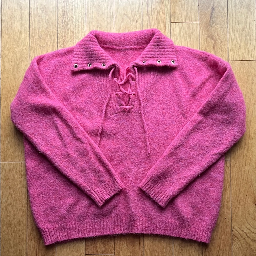 Sezane Pink Lace-Up Collared Women's Sweater
